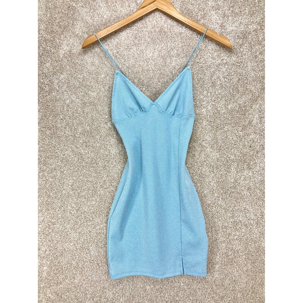 Divided H&M Metallic Shimmer Bodycon Mini Dress Womens XS Blue Open Back Party